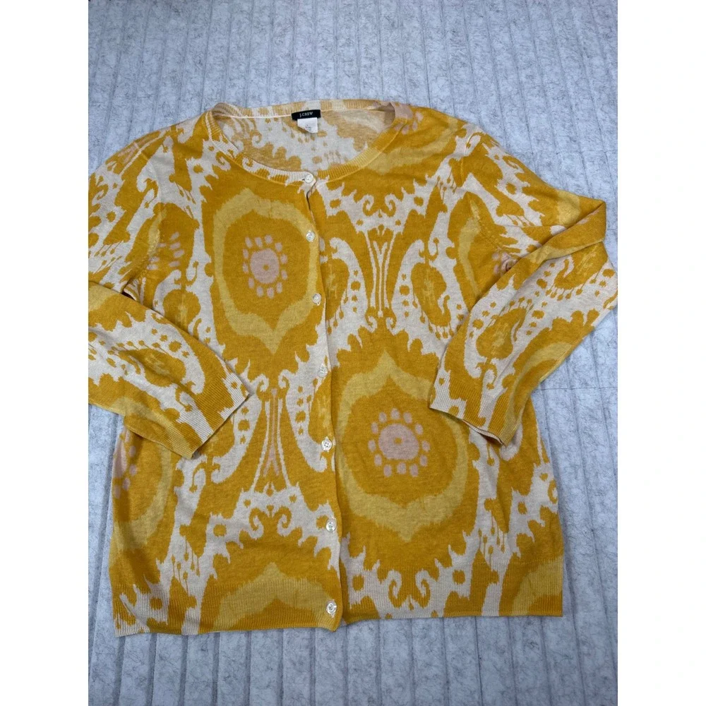 J.Crew Yellow Ikat Medallion Silk Linen Cardigan Sweater‎ Large Womens RN77388 - Picture 3 of 5